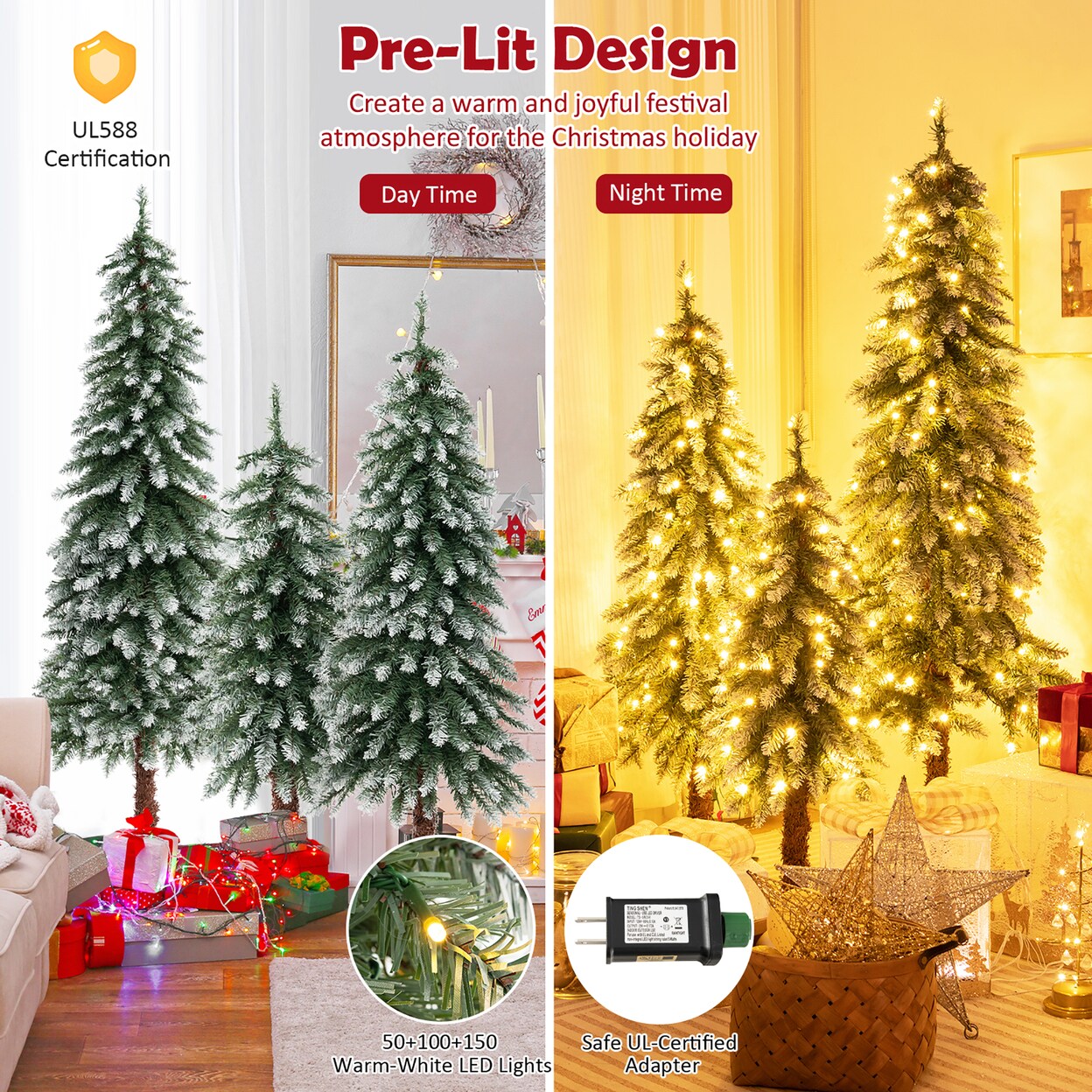 Pre-Lit Artificial Christmas Tree Set Of 3 W/ 3/4/5 Ft Faux Trees Slim Pencil Christmas Trees W/ Led Lights