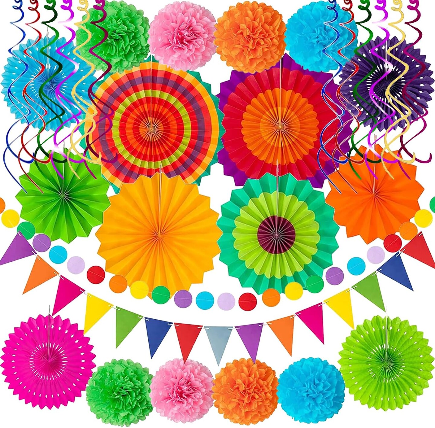 Cinco De Mayo Party Decorations Fiesta Decorations Multi-Color Paper Fans Garlands Pennant Pom Poms Hanging Swirls For Birthday Wedding Rainbow Mexican Party