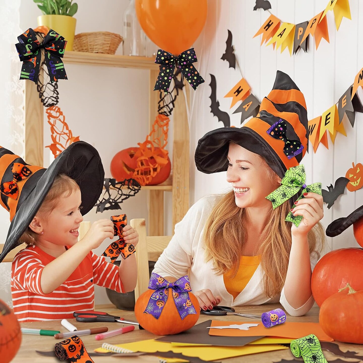 Ribbons Bat Spider Web Printed Ribbon Witch Legs Hat Skull Pumpkin Ribbons Halloween Decorative Wrapping Ribbon for Halloween Home Wreath DIY Craft Floral Bow