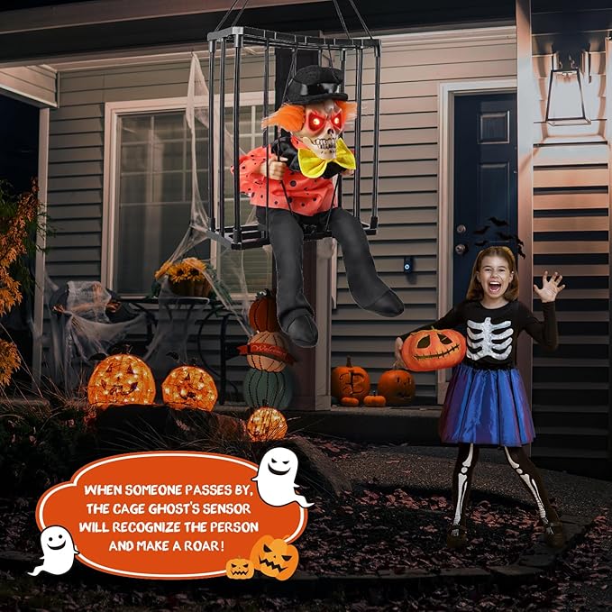 Hanging Decorations, Halloween Decors Prop with Motion Sensor Activated & Light Up Eyes Spooky Scary Cage Ghost Clown Prisoner for Indoor Outdoor Haunted House Decor