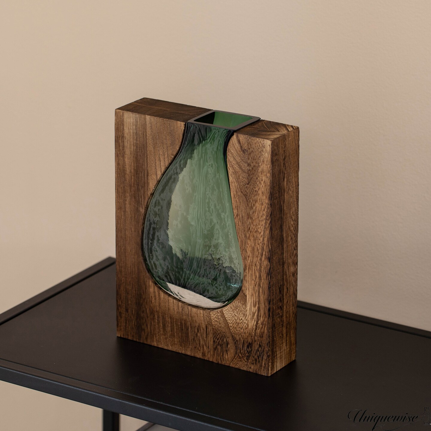 Pair of 10 and 12-Inch Wood and Glass Inlay Vases - Merging the Natural Warmth and Texture of Wood with the Elegance and Color of Glass, Perfect for Enhancing Home Decor, Office Desk and Kitchen Table