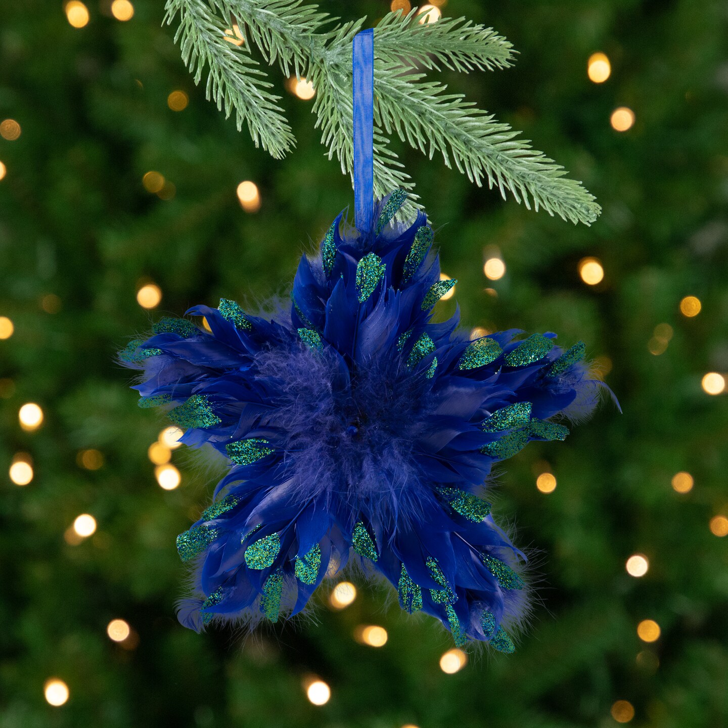 Northlight Plush Glittery Peacock Feather Star Shaped Christmas Ornament - 9&#x22; - Blue