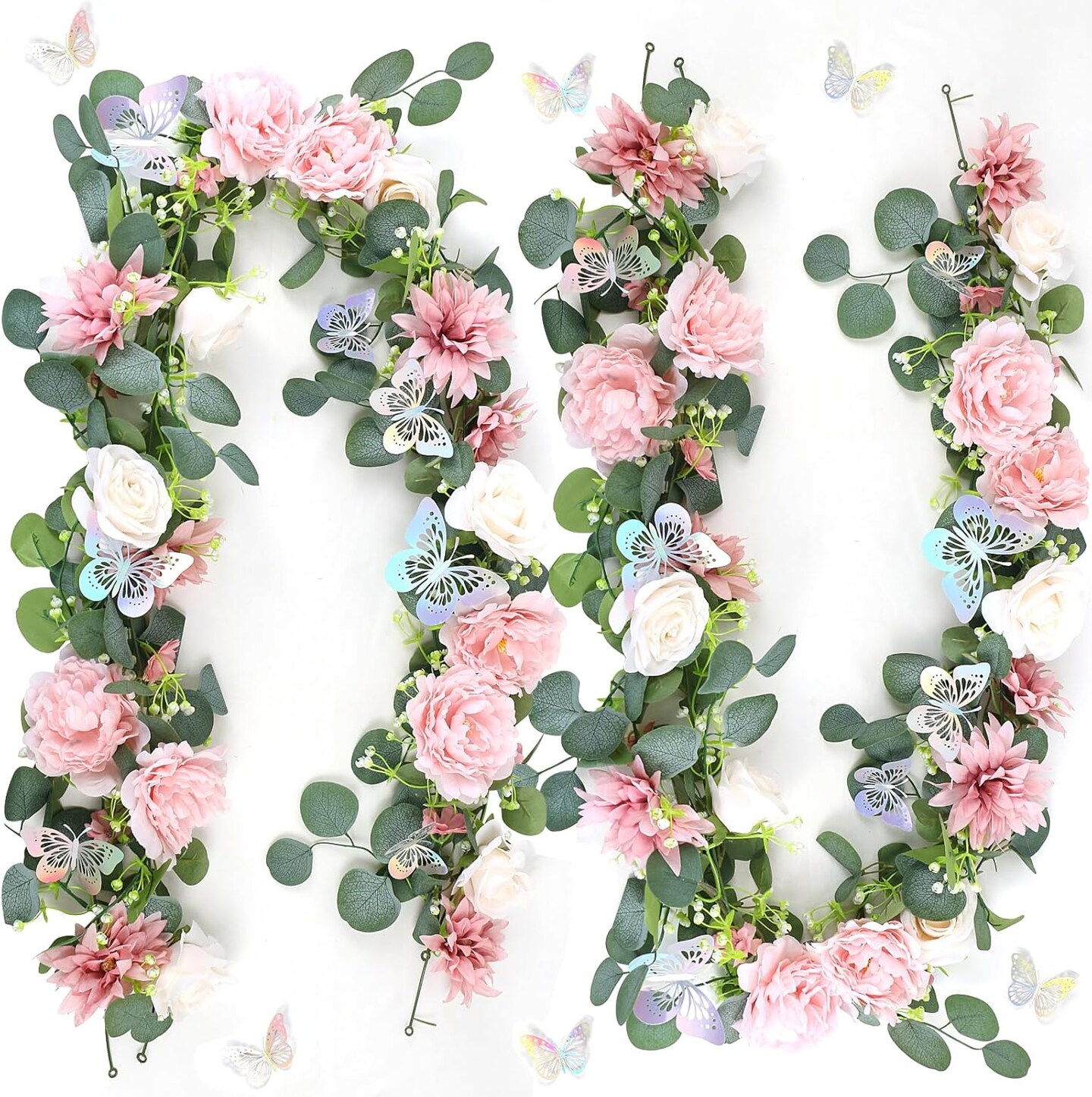2 Pack 5.9 FT Artificial Flower Garland with Butterflies Fake Rose Garland - Dusty Pink