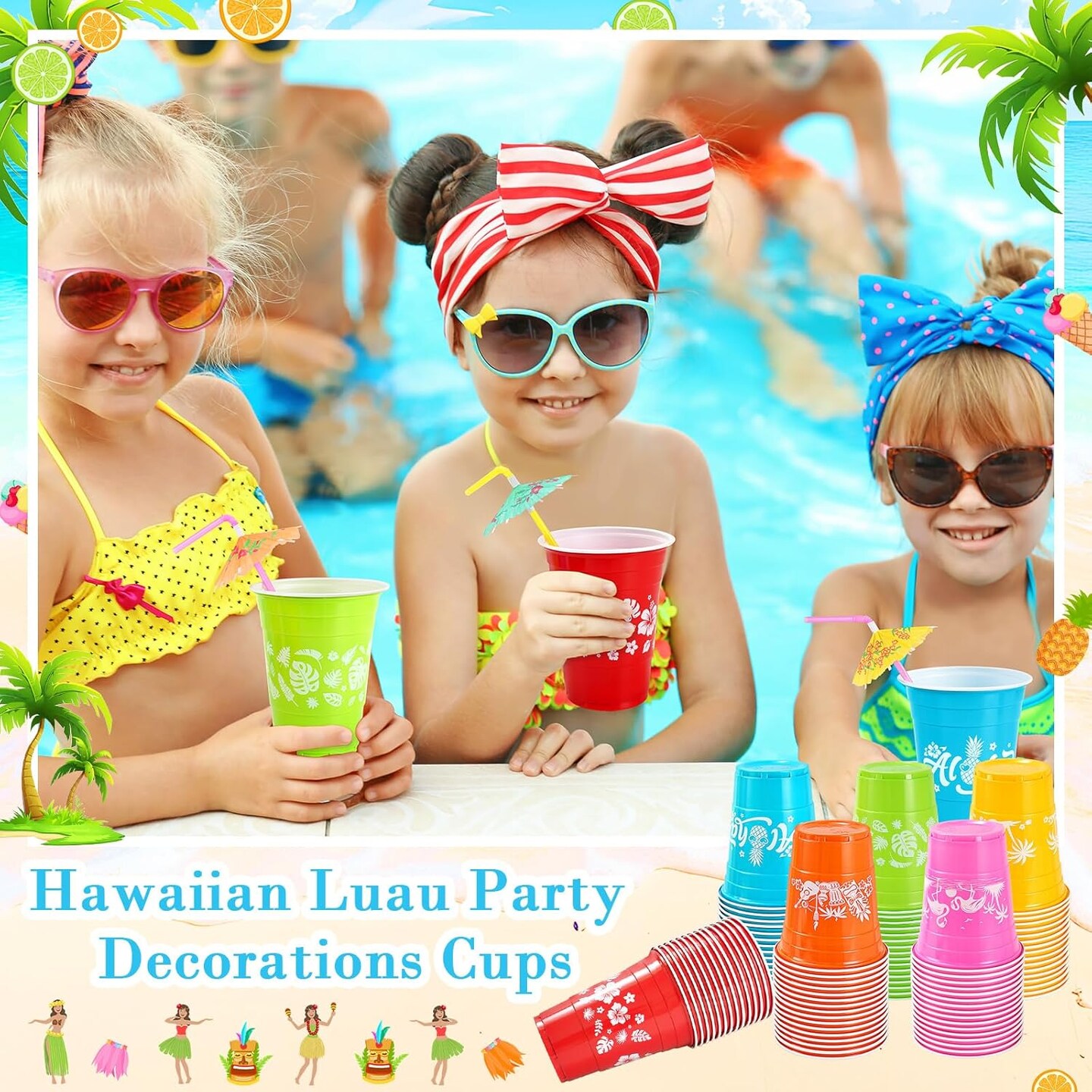 100 Pack Hawaiian Luau Cups with Parasol Straws 16 oz Plastic Tropical Cups