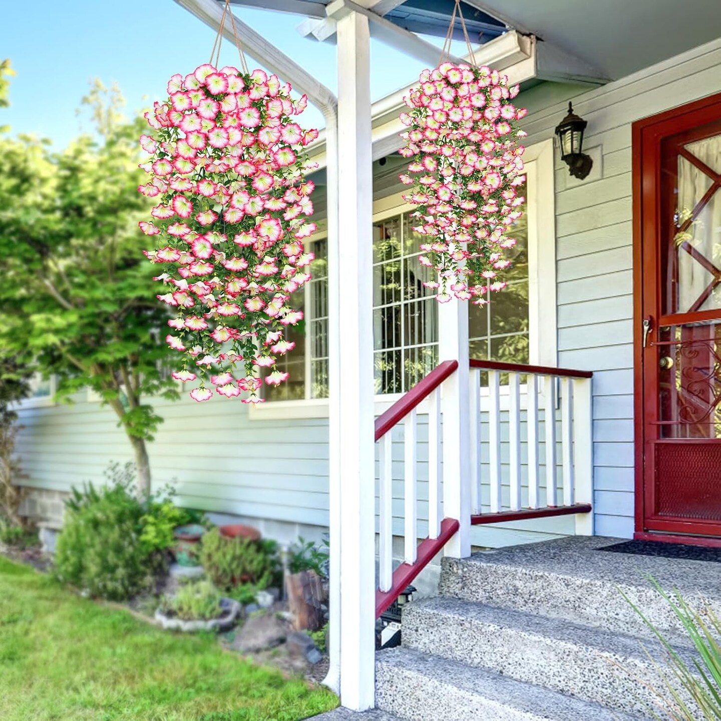 2PCS Artificial Morning Glory Hanging Flowers – UV-Resistant Faux Silk for Outdoor Garden Decor (Pink)