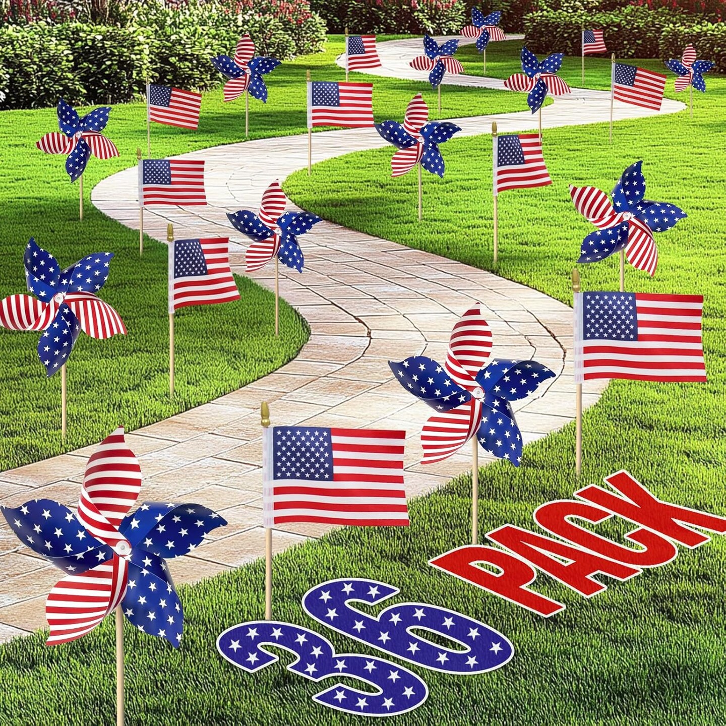 4th of July Decorations - Fourth of July Deals - 36 Patriotic Stars and Stripes Pinwheels &#x26; Flags
