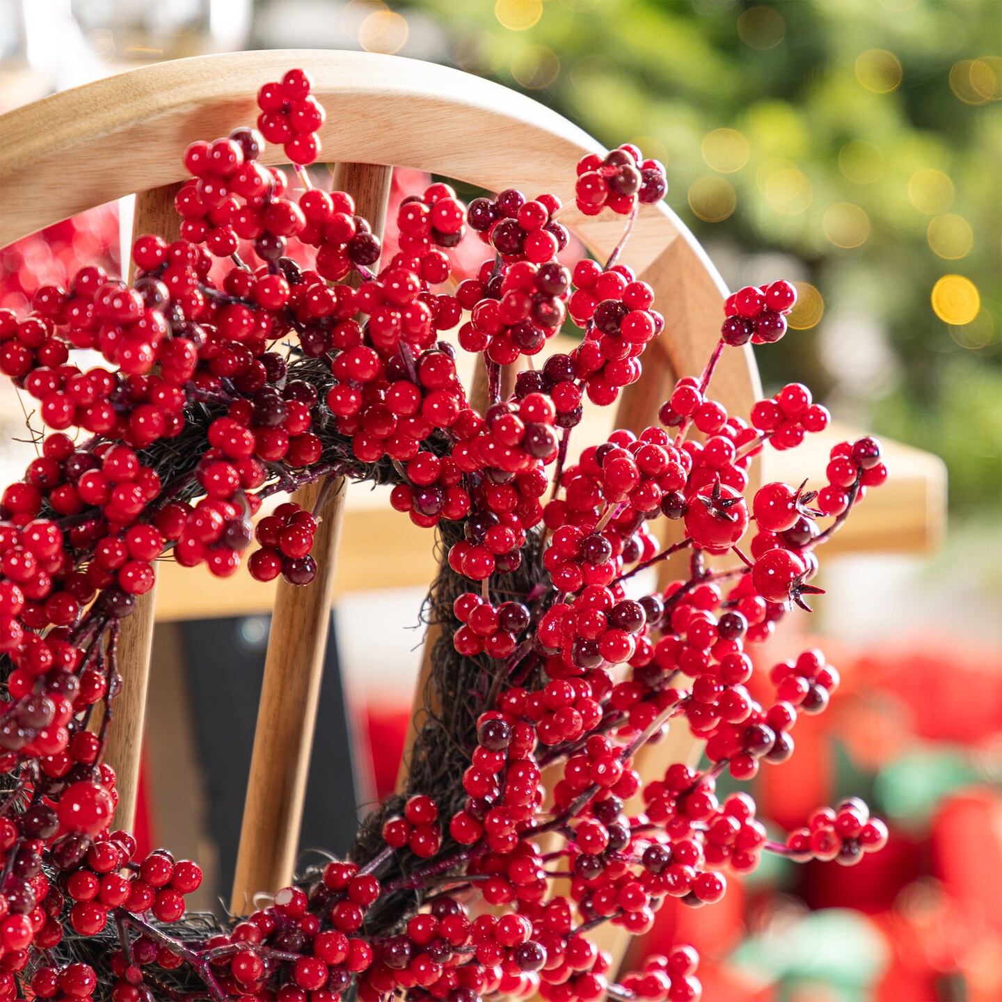 Set of 5 Christmas Red Berries 41&#x22;H Porch Tree &#x26; 6ft Garland &#x26; 25&#x22;D/14&#x22;D Wreath Set