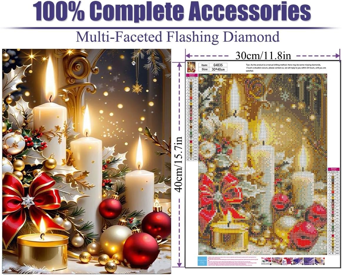 Christmas Diamond Painting Kits for Adults, Christmas Candles Diamond Art (12x16inch)