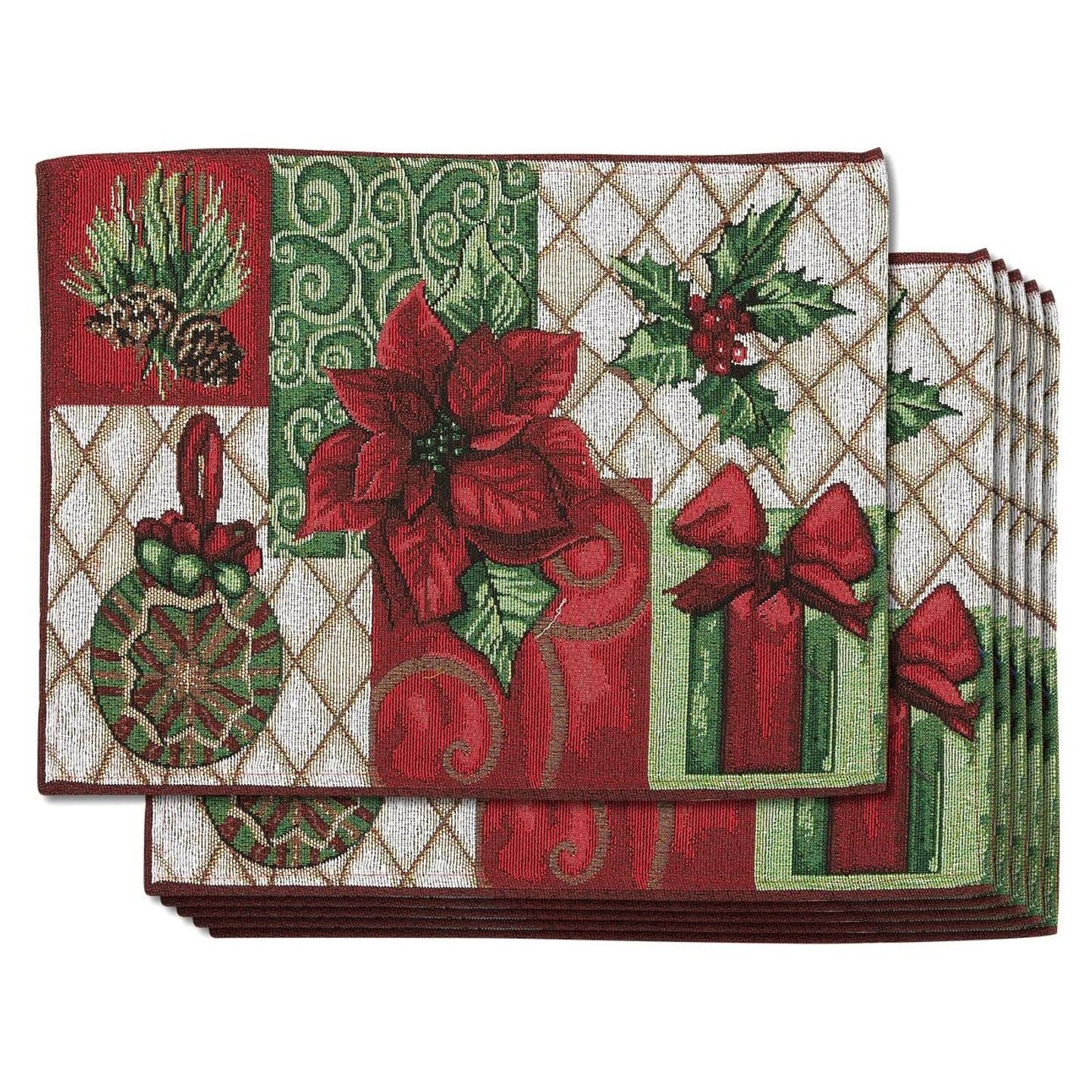 Juvale Christmas Table Placemats Set of 6, 13.5 X 18.5 Inches, Poinsettia, Gift Box, Pinecone, Christmas Ornament Design, Made from Polyester Fabric, Cloth Placemats for Decorations and Dining