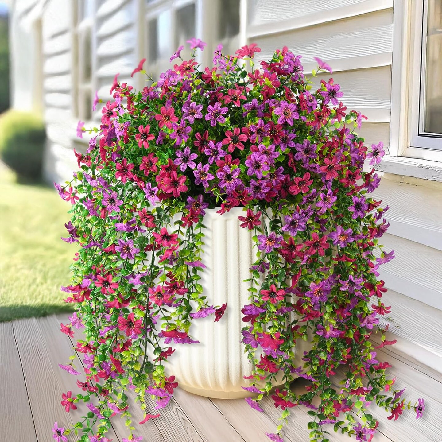 2 PCS Artificial Daisy Hanging Flowers with Eucalyptus for Outdoor Garden Decor (Purple Red Light Purple)