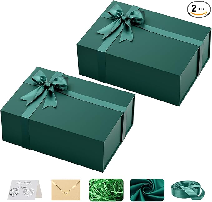 Large Green Gift Box with Lid: 2 Pack 13.5&#xD7;10&#xD7;5 Inches - Strong Magnetic Closure for Christmas Birthdays Holiday Gifts &#x2013; Perfect for Couples Friends Family