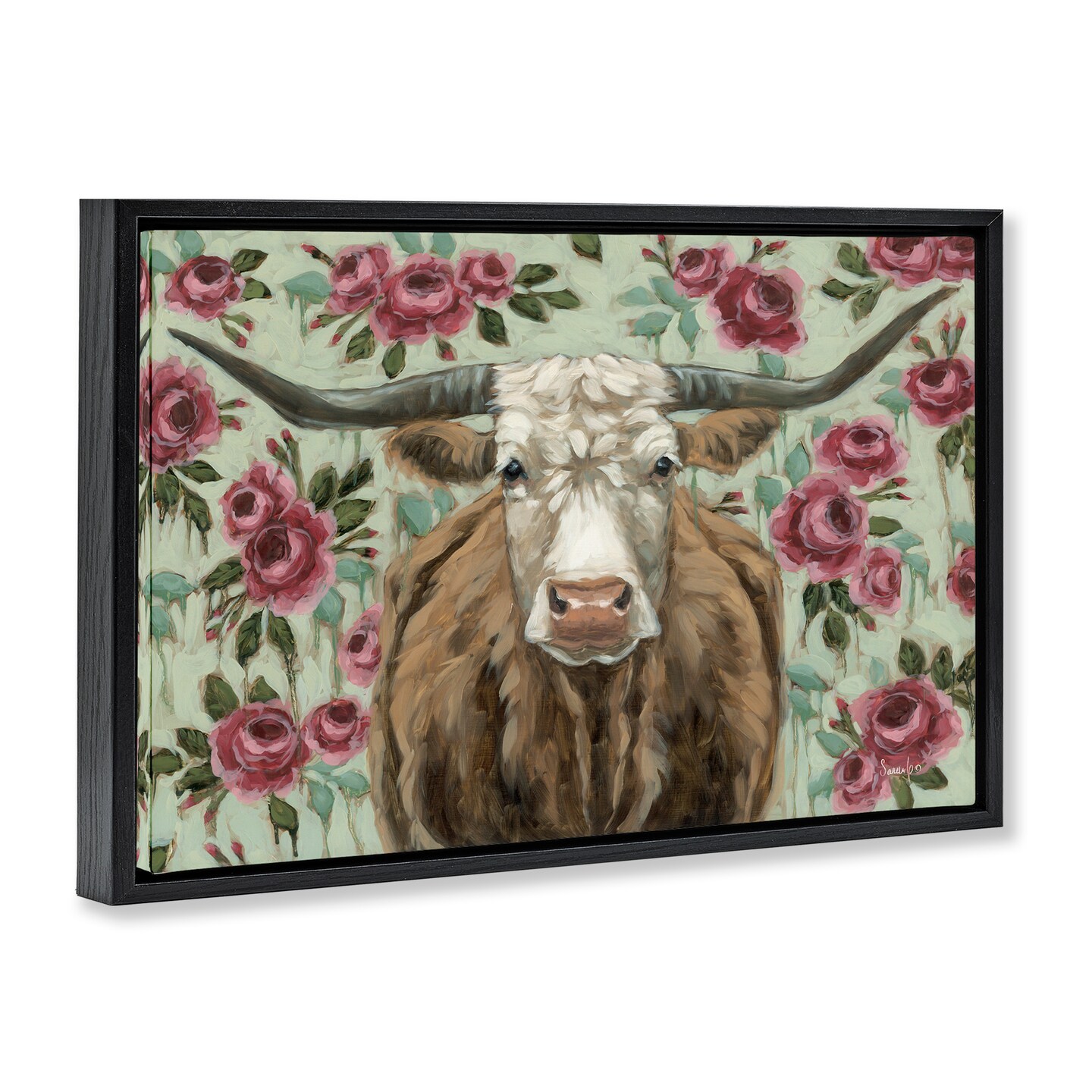 Stupell Industries Longhorn with Magenta Blooms Floating Frame Design by Sara G. Designs