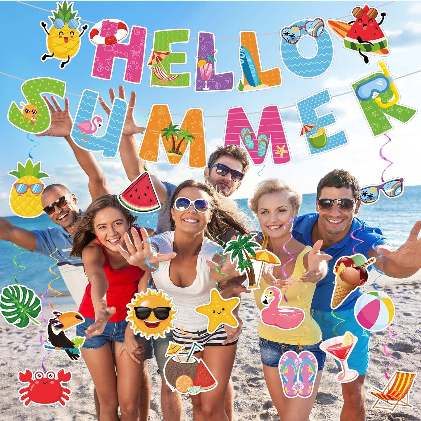 Summer Beach Party Decorations - Pre-Strung Hello Summer Banner and 16 Hanging Swirls Pool Party Decorations for Home Office Classroom