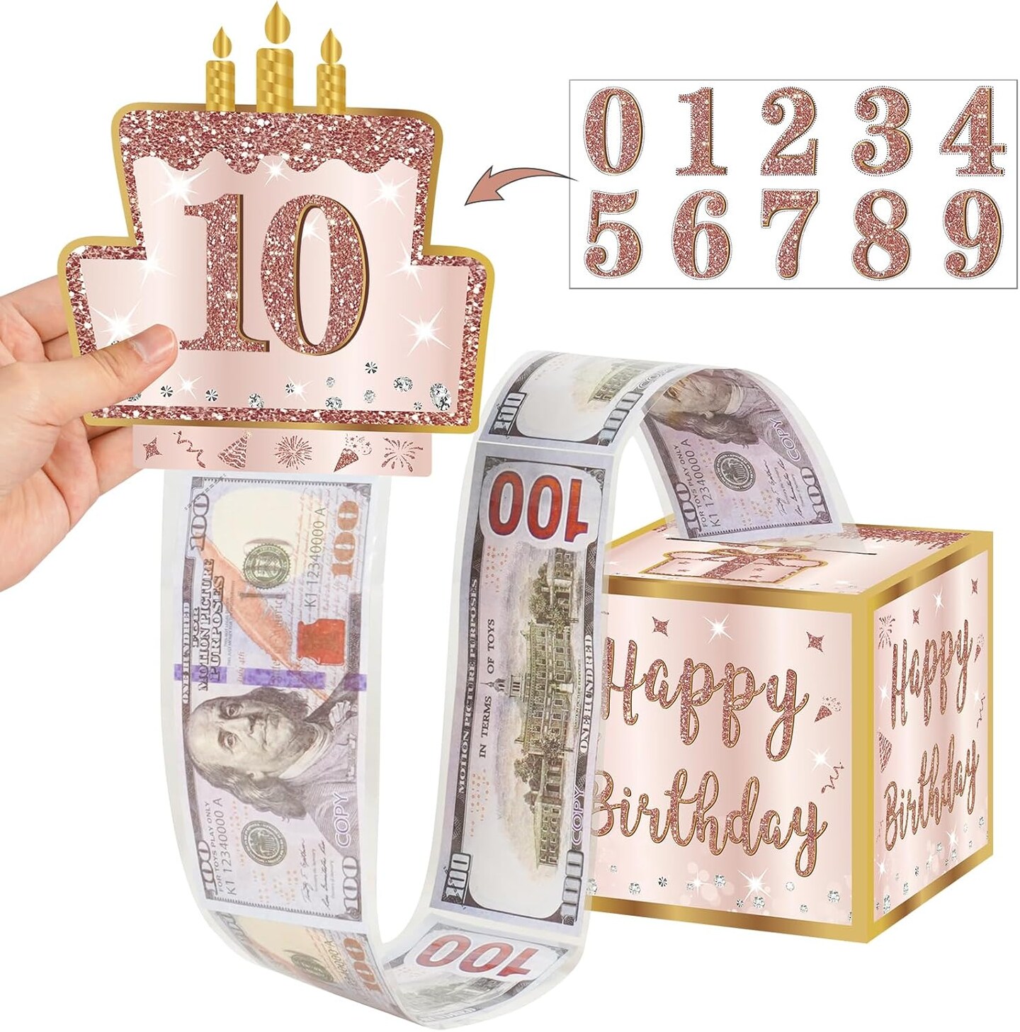 Happy Birthday Money Gift Box with DIY Stickers for Any Age - Pink Rose Gold Surprise Birthday Party Cash Gift Box with Pull Out Card for Women Girls - A Fun Way to Present Cash as Gifts