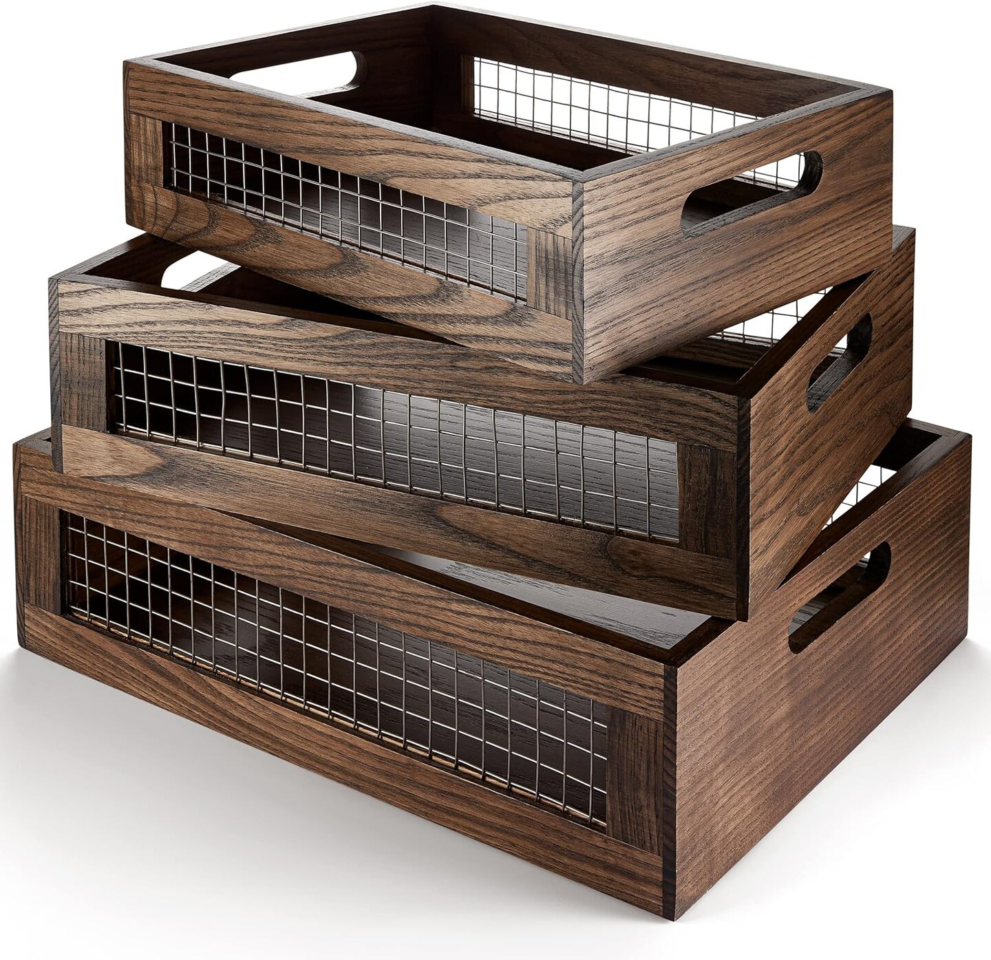 Wooden Nesting Countertop Baskets Set of 3 for Kitchen, Bathroom, Pantry|Wall Mount Upgrade with Full Accessories