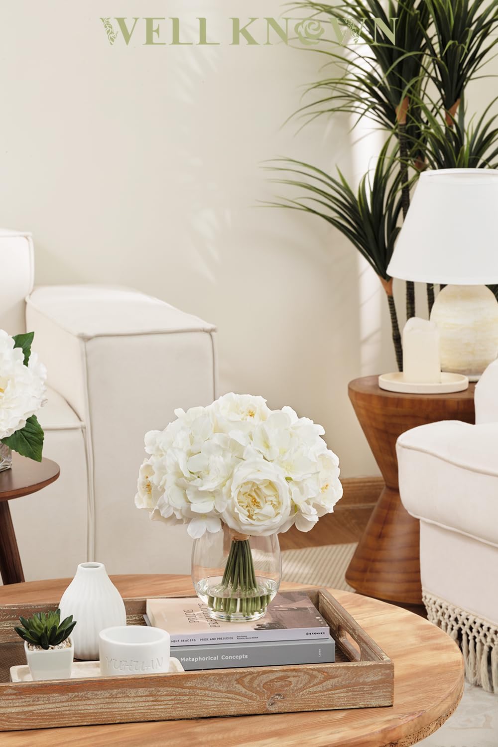 Artificial Ivory White Hydrangea Austin Rose Flower Arrangement in Vase with Fake Water, Real Touch Fake Flowers Faux Hydrangea Centerpieces