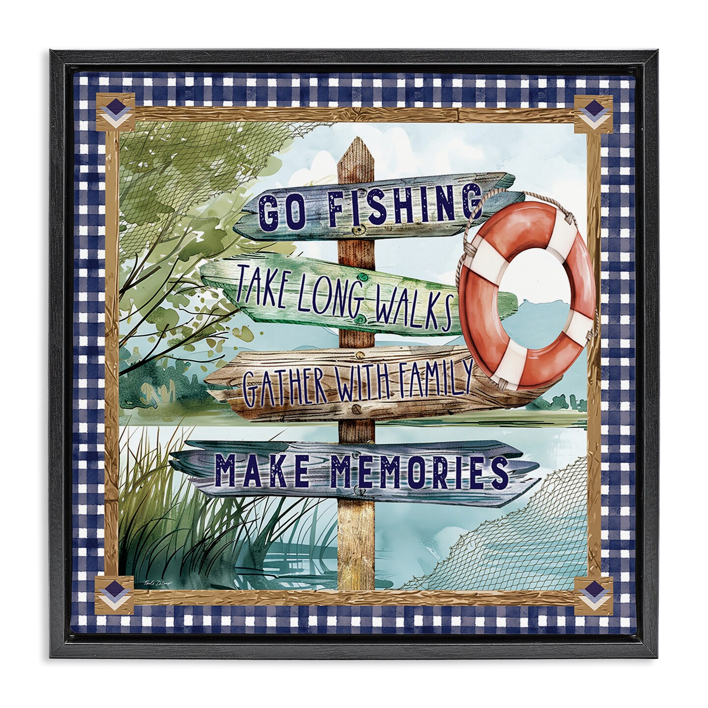 Stupell Industries Plaid Border Lake Sign Floating Frame Design by Nicole DeCamp
