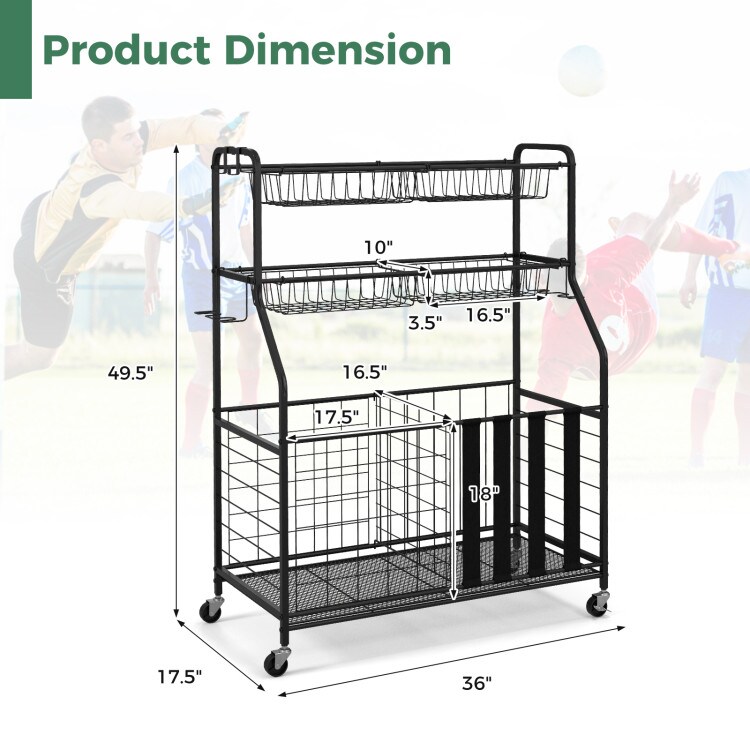 Rolling Sports Equipment Organizer &#x2013; Multi-Storage Rack with Bins