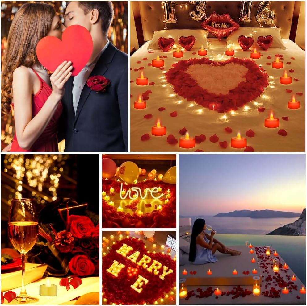 Rose Petals for Romantic Night Candles for Her Set 24 Pcs Led Love Candles 1000Pcs Red Petals Romantic Decorations Special Night Valentines Day Decor Proposal Ideas Bachelorette Party Wedding