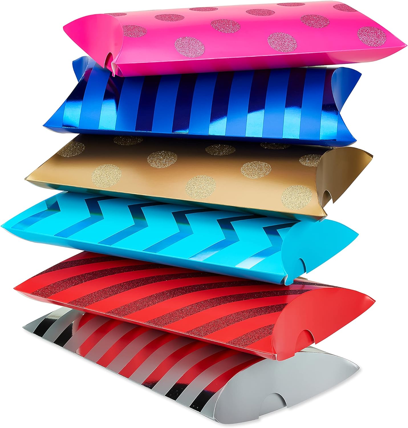 Pillow Gift Boxes, Bright Multicolored Polka Dots and Stripes (6 Boxes)