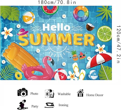 Hello Summer Backdrop Banner Colorful Summer Photography Background for Summer Seaside Beach Swimming Pool Fruits Flamingo Hawaiian Tropical Themed Party Decorations Supplies 70.8 * 47.2in