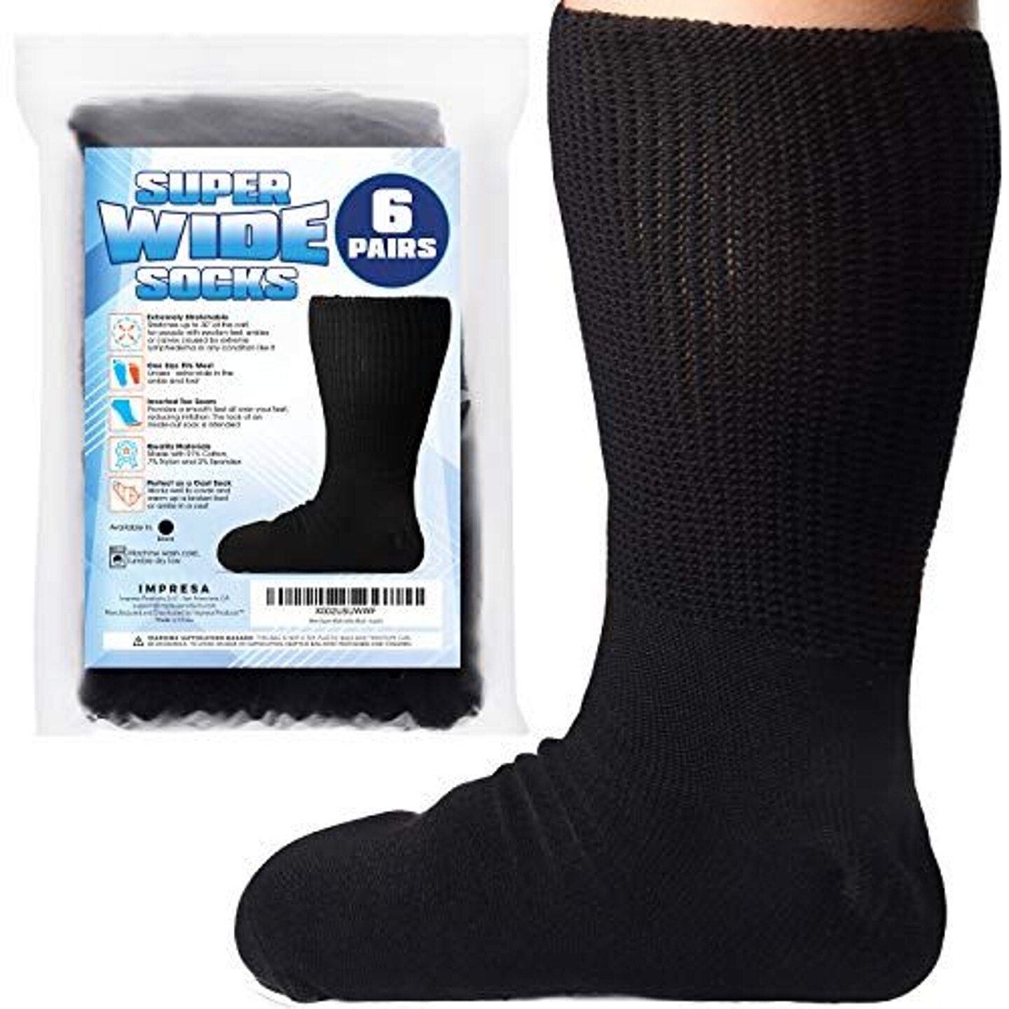 IMPRESA [6 Pairs] of Extra Width Socks for Lymphedema - Bariatric Sock - Oversized Sock Stretches up to 30&#x27;&#x27; Over Calf for Swollen Feet And Mens and Womens Legs - One Size Unisex