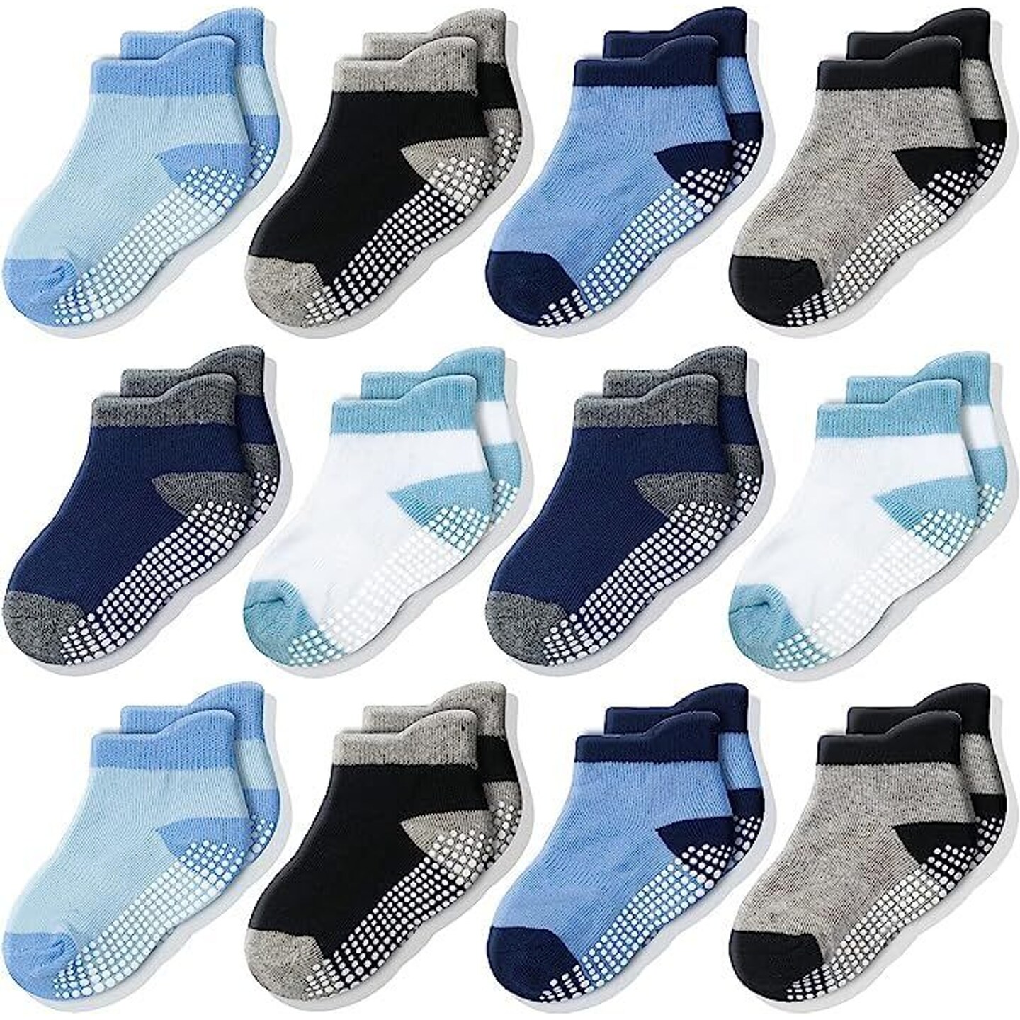 CozyWay Baby Boy Socks With Grippers Non Slip Ankle Grip Socks for Babies Comfy Soft Cotton Infant - 6-12 Months Multi Color Blue - 12 Pack