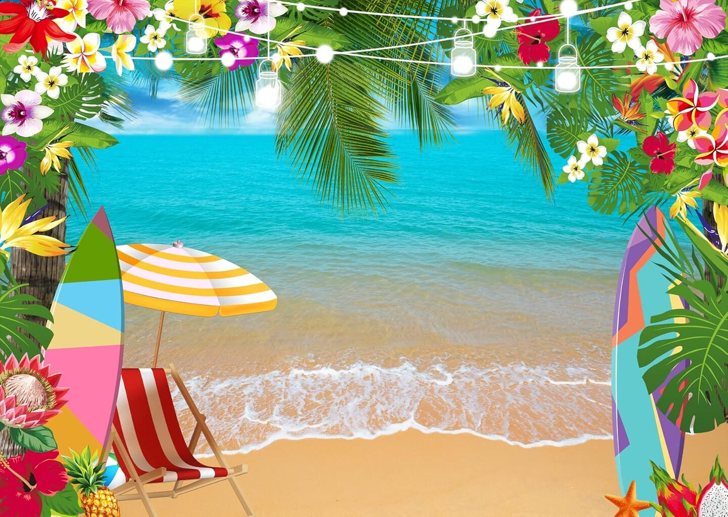 Summer Hawaiian Beach Backdrop for Photography Tropical Flower Aloha Backdrop Blue Sky Ocean Palm Leaves Background Birthday Party Decor Baby Shower Photoshoot