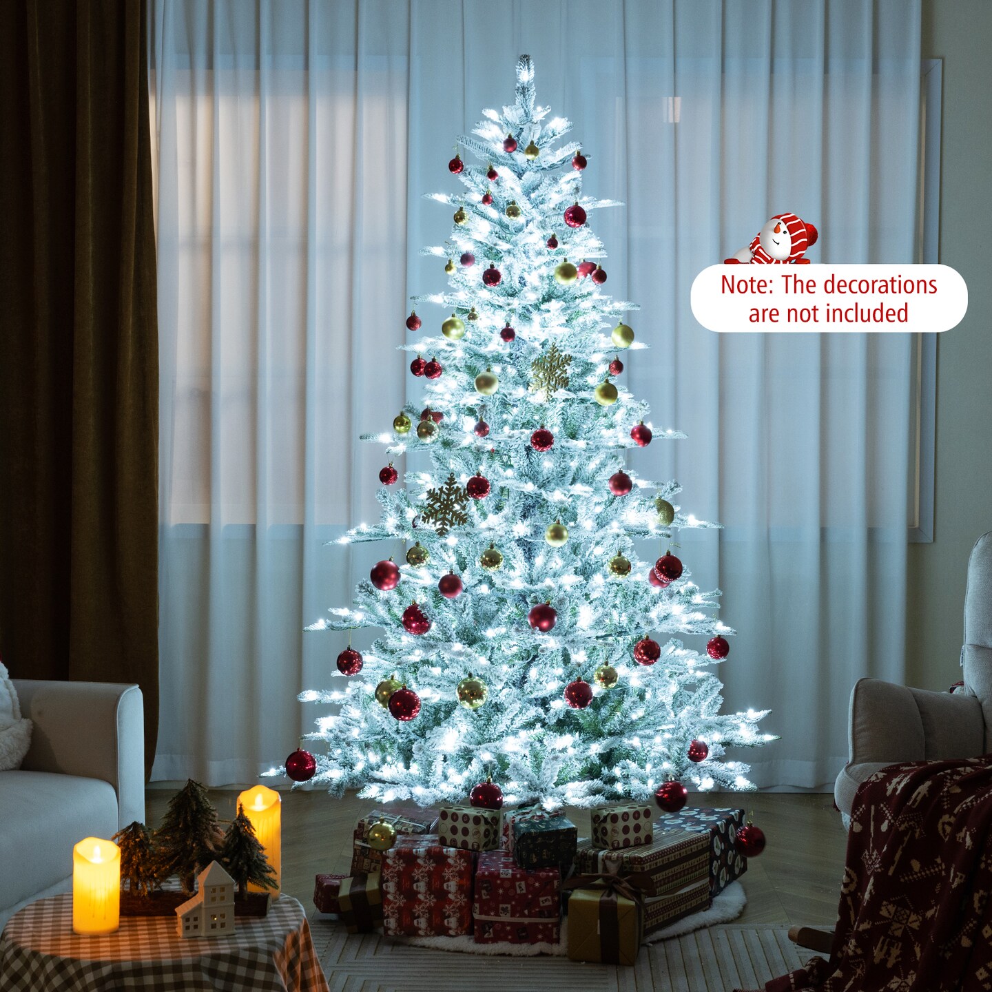 Snow Flocked Artificial Christmas Tree with Cool White LED Lights