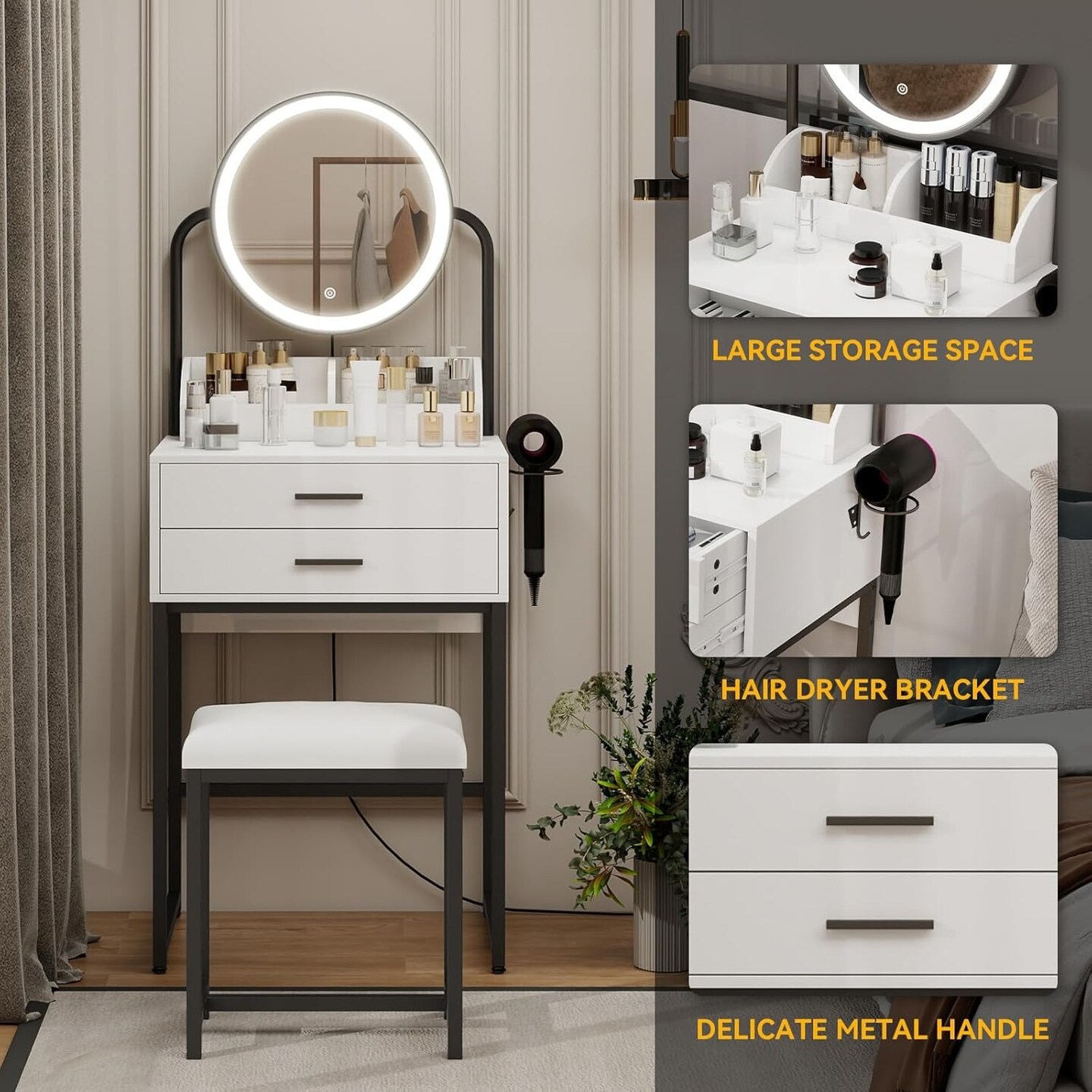 Small Vanity Desk with Mirror and Lights Compact Makeup Vanity Set with Drawers for Bedroom Mini White Modern Dressing Table with Stool