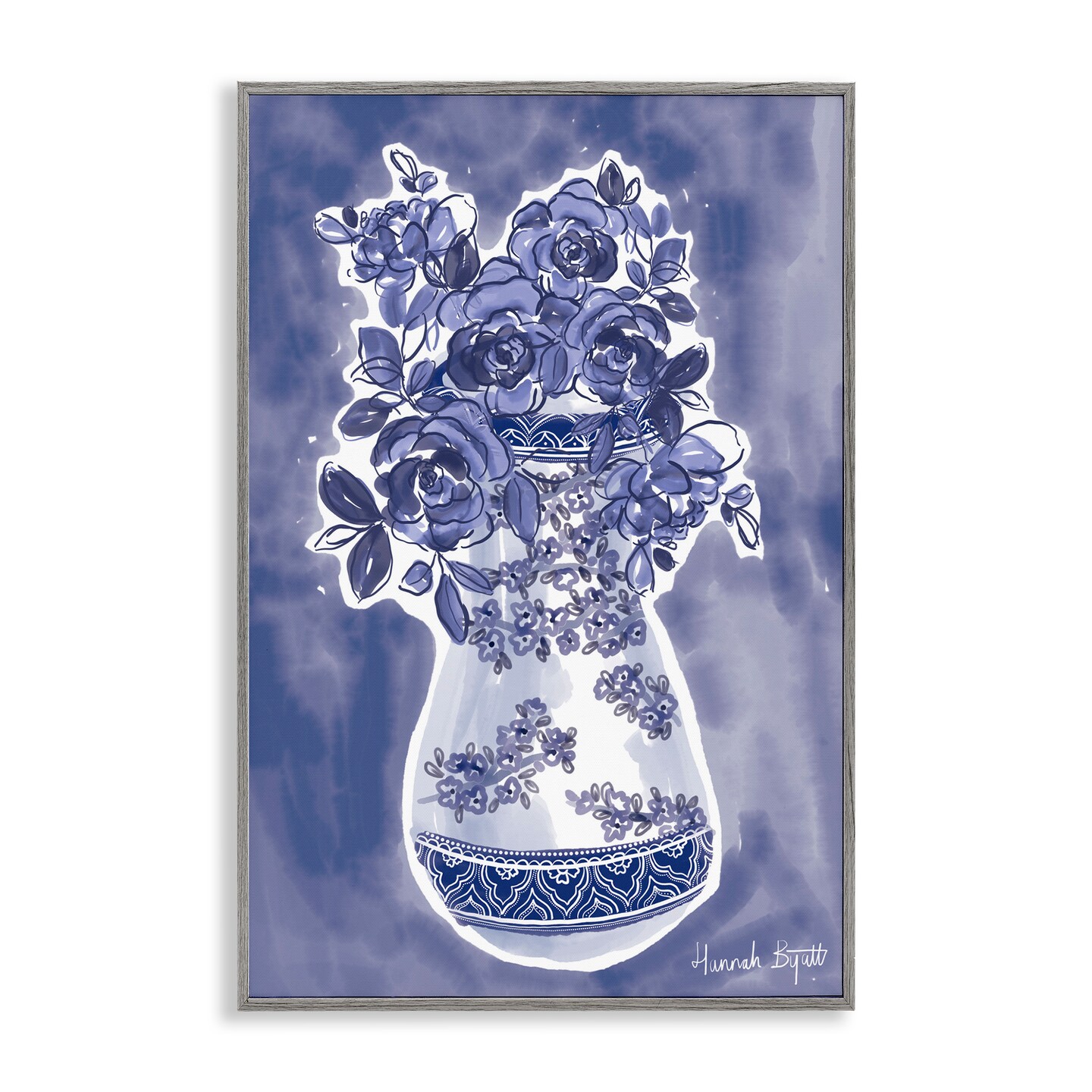 Stupell Industries Chinoiserie Vase on Blue Framed Giclee, design by Hannah Byatt