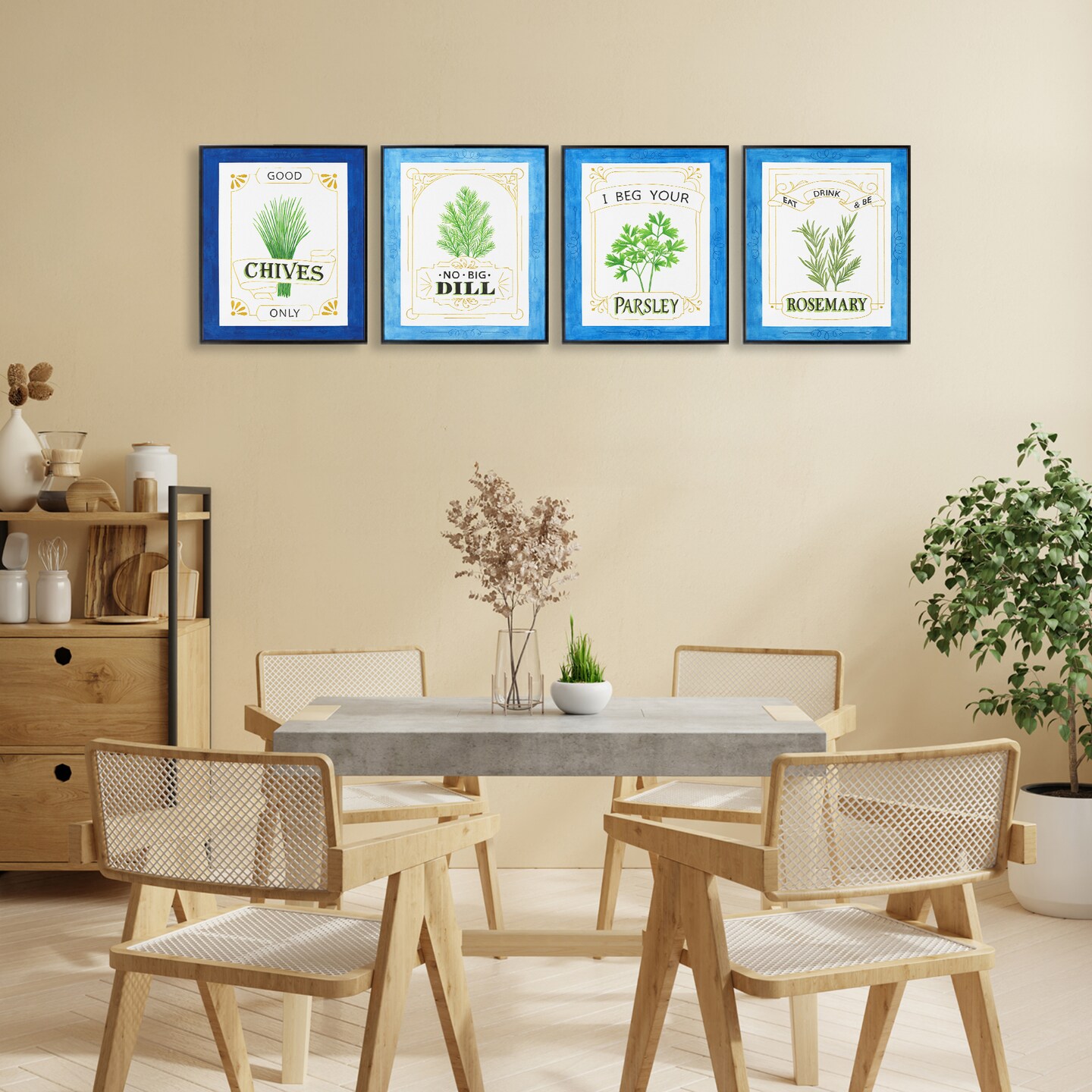 Stupell Industries Kitchen Herb Puns 4pc Framed Giclee Set, design by Lara Beeston