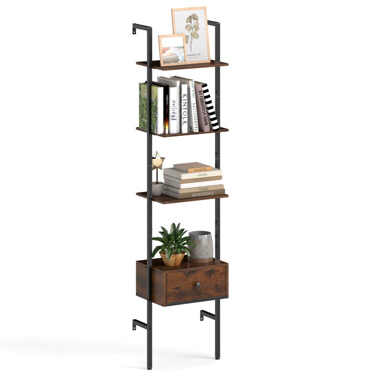 Rustic Brown-Black Metal Ladder Bookshelf with Drawer and 5 Open Shelves