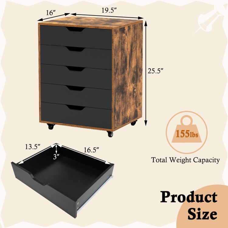 5-Drawer Rolling Storage Cabinet with Lockable Wheels and Cut-Out Handles for Home or Office