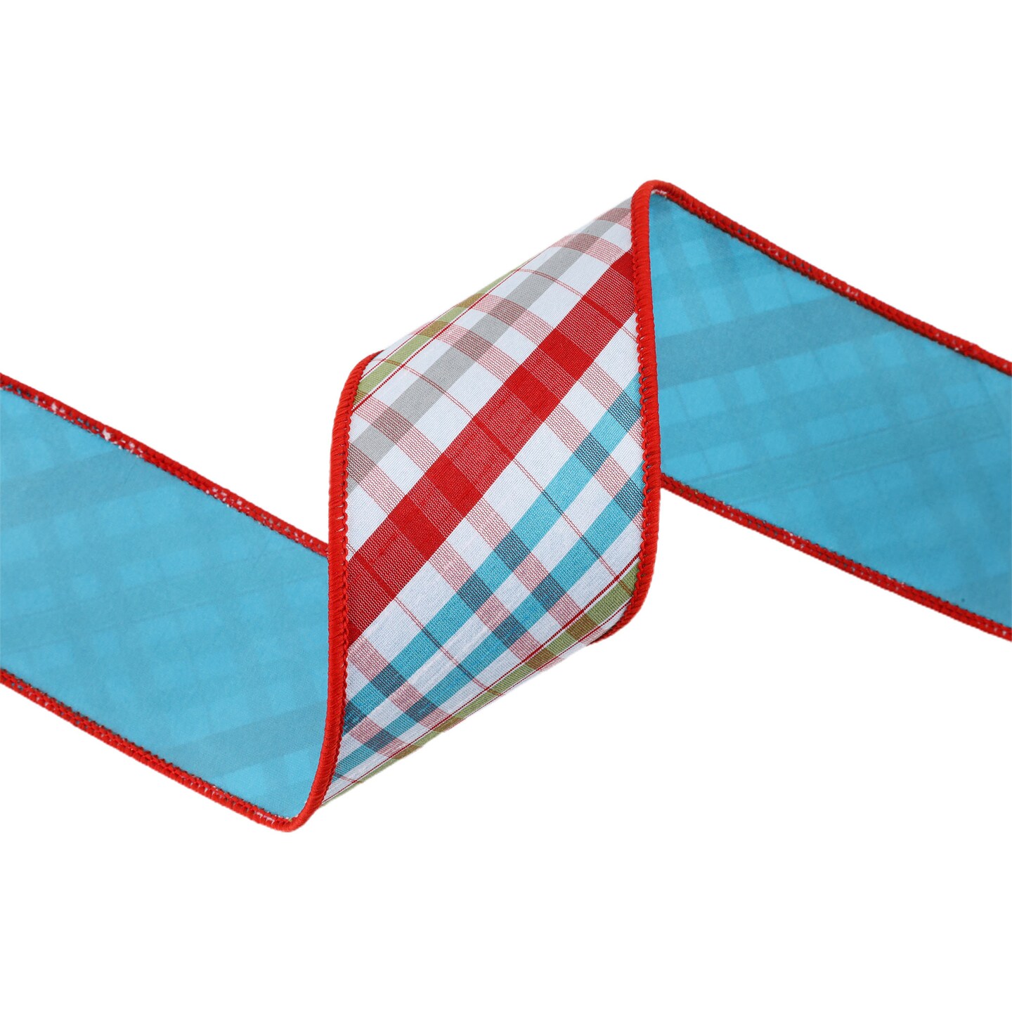LaRibbons 4" - 2 1/2" Wired Taffeta Ribbon | Red/Turquoise/Apple Green/White Plaid Bias Cut Double-Fused w/ Turquoise Backing | 10 Yard Roll