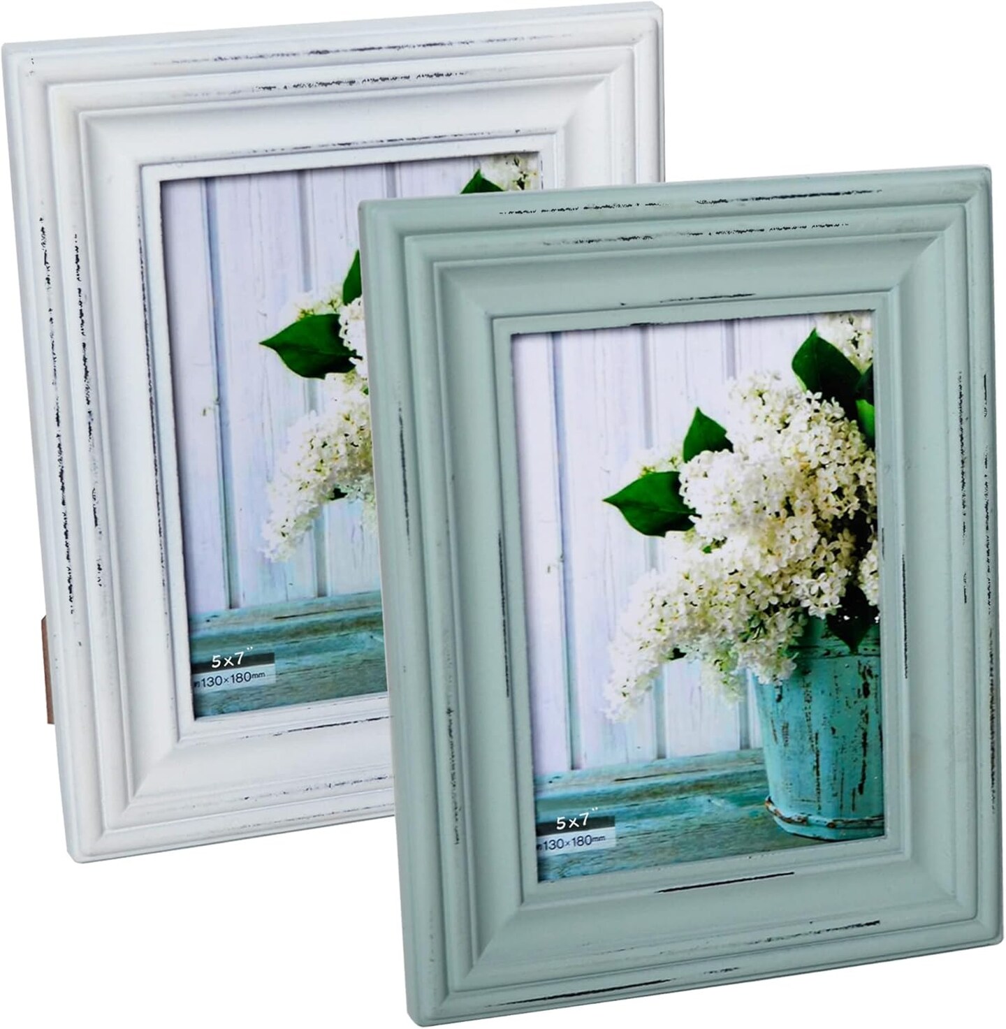 Pack of 2 - Rustic 5x7 Inches Wooden Picture Frame,Vintage Cyan and White in Gift Box(5x7 inches photo)9.9&#x22;L x 7.9&#x22;W