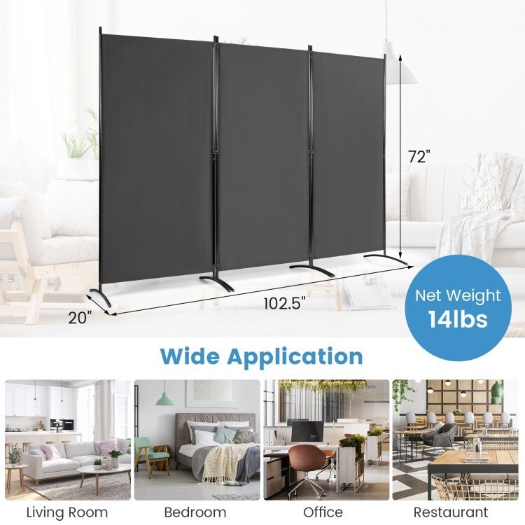 6-Ft 3-Panel Room Divider with Steel Base and Hinges