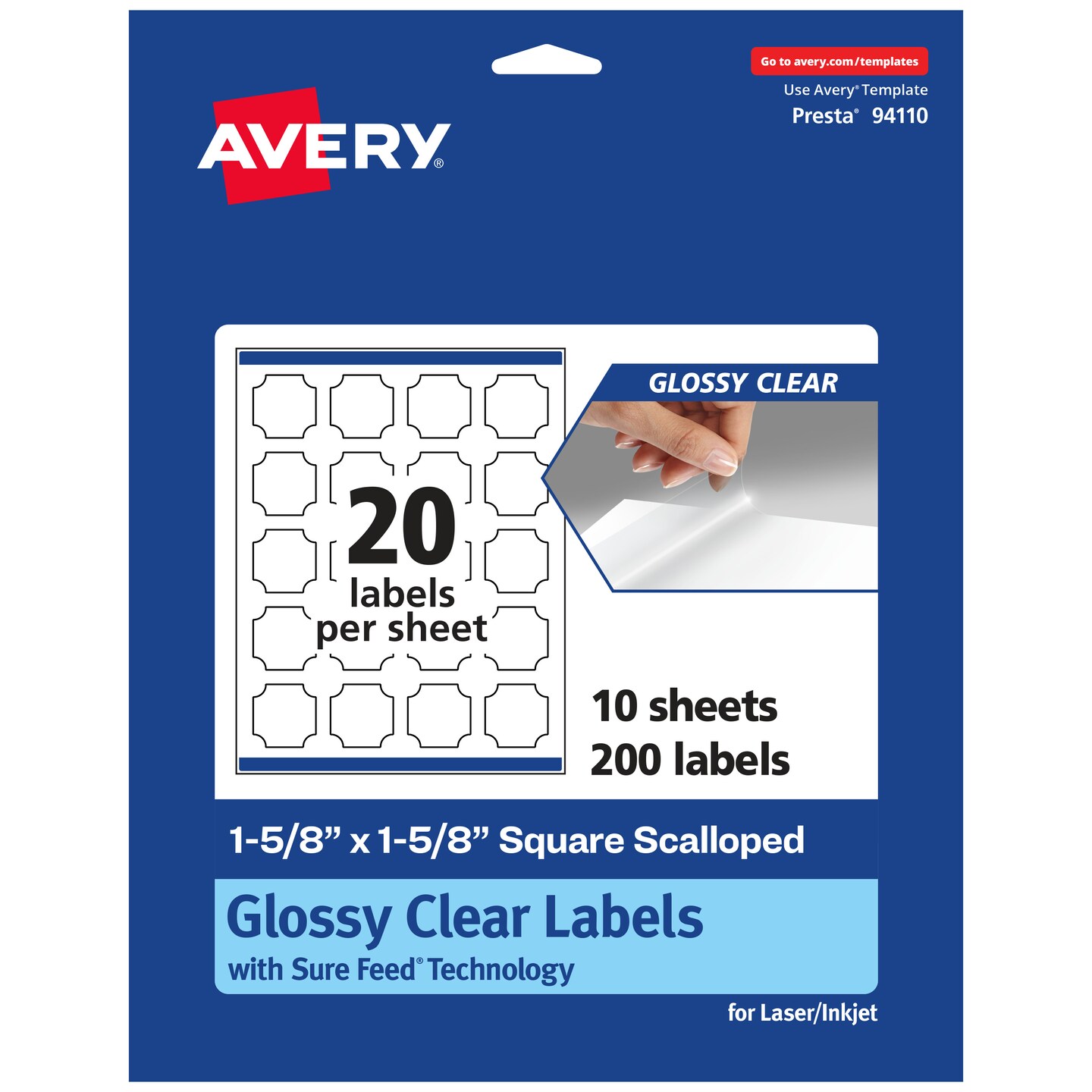 Avery Glossy Clear Square Scalloped Labels with Sure Feed, 1-5/8" x 1-5/8"