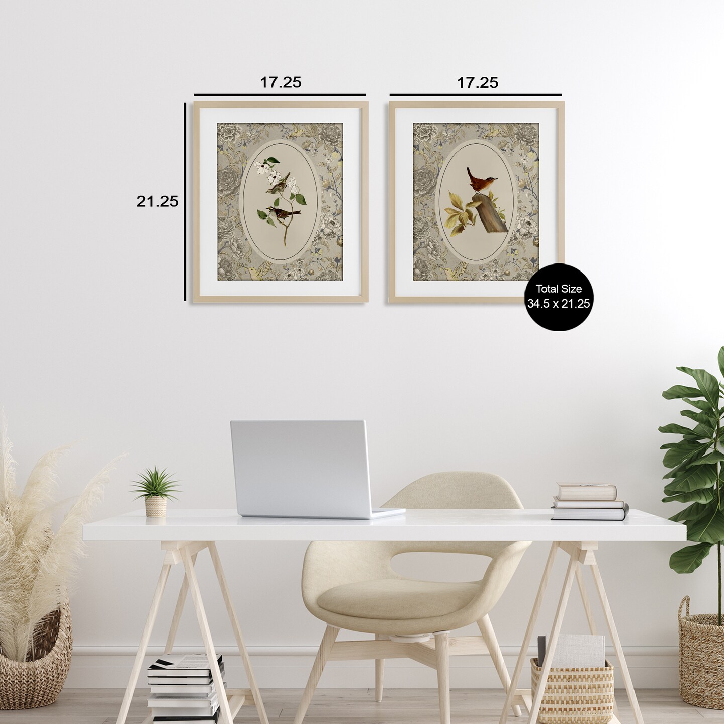 Stupell Industries Vintage Birds & Toile 2pc Framed Print Under Glass Set, design by Radhika Modi