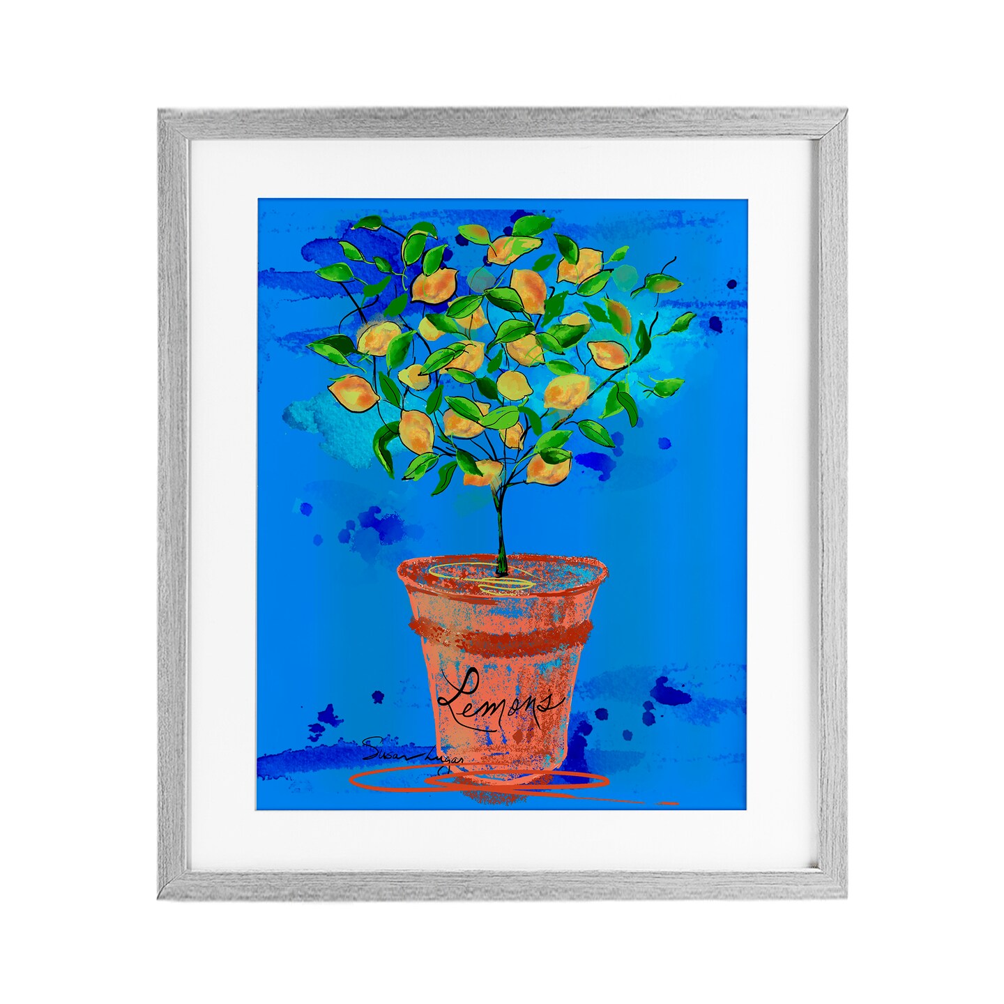 Stupell Industries Potted Lemons Vivid Blue Framed Print Under Glass, design by Susan Lugar