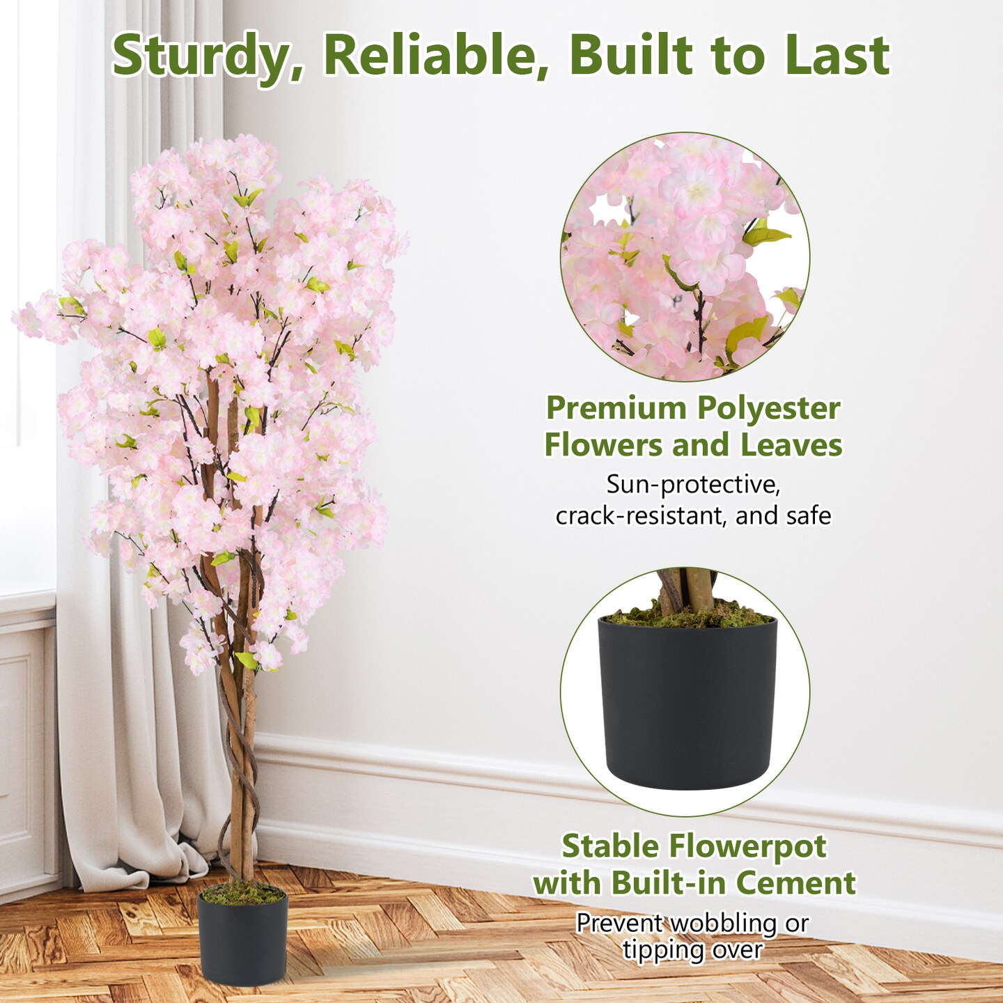 Pink Artificial Cherry Blossom Tree 59 inches with Polyester Flowers and Wood Trunk