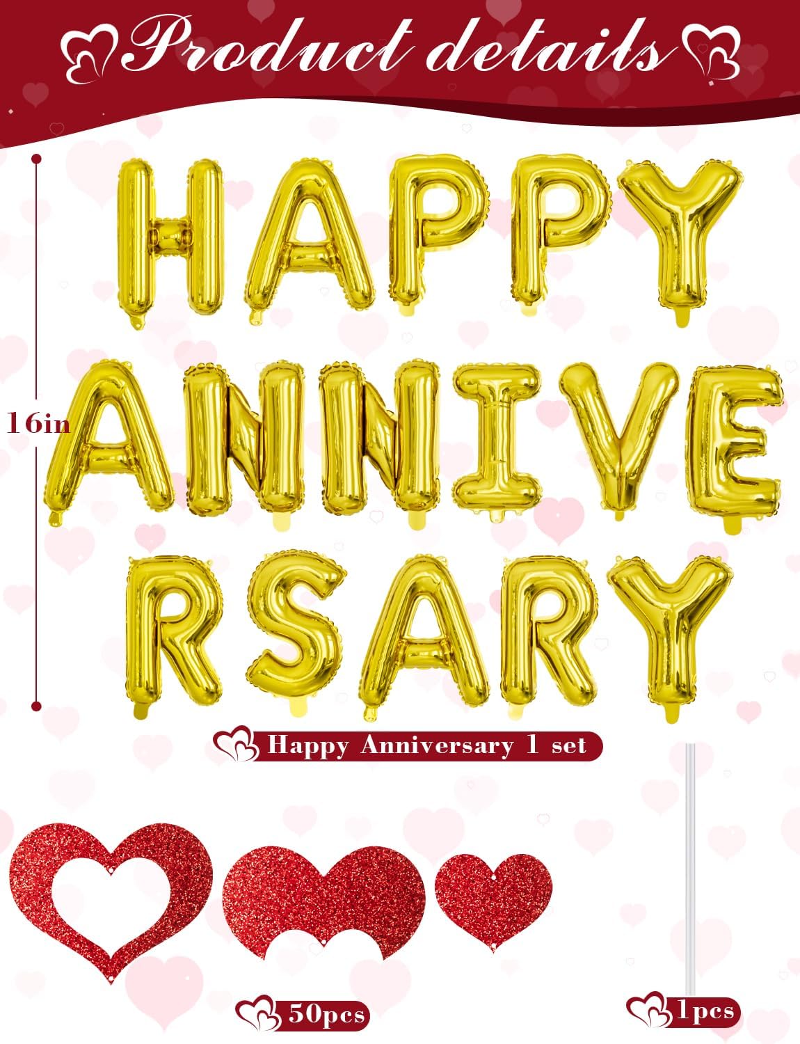Anniversary Decorations – Banner, Heart Balloons, Love Balloon & Rose Petals (Red Gold) 12.5 x 8.6 x 0.6 inches