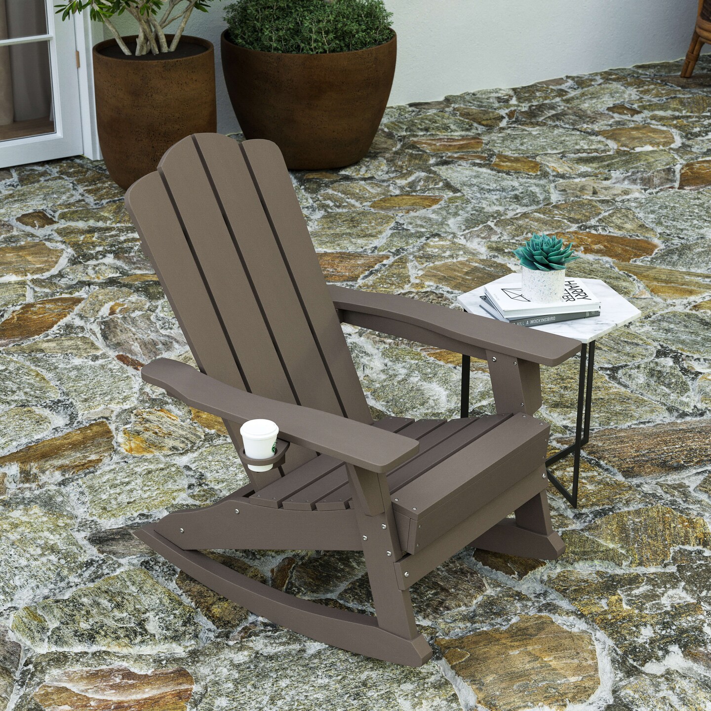Merrick Lane Nassau Adirondack Chair with Cup Holder and Pull Out Ottoman, All-Weather HDPE Indoor/Outdoor Lounge Chair