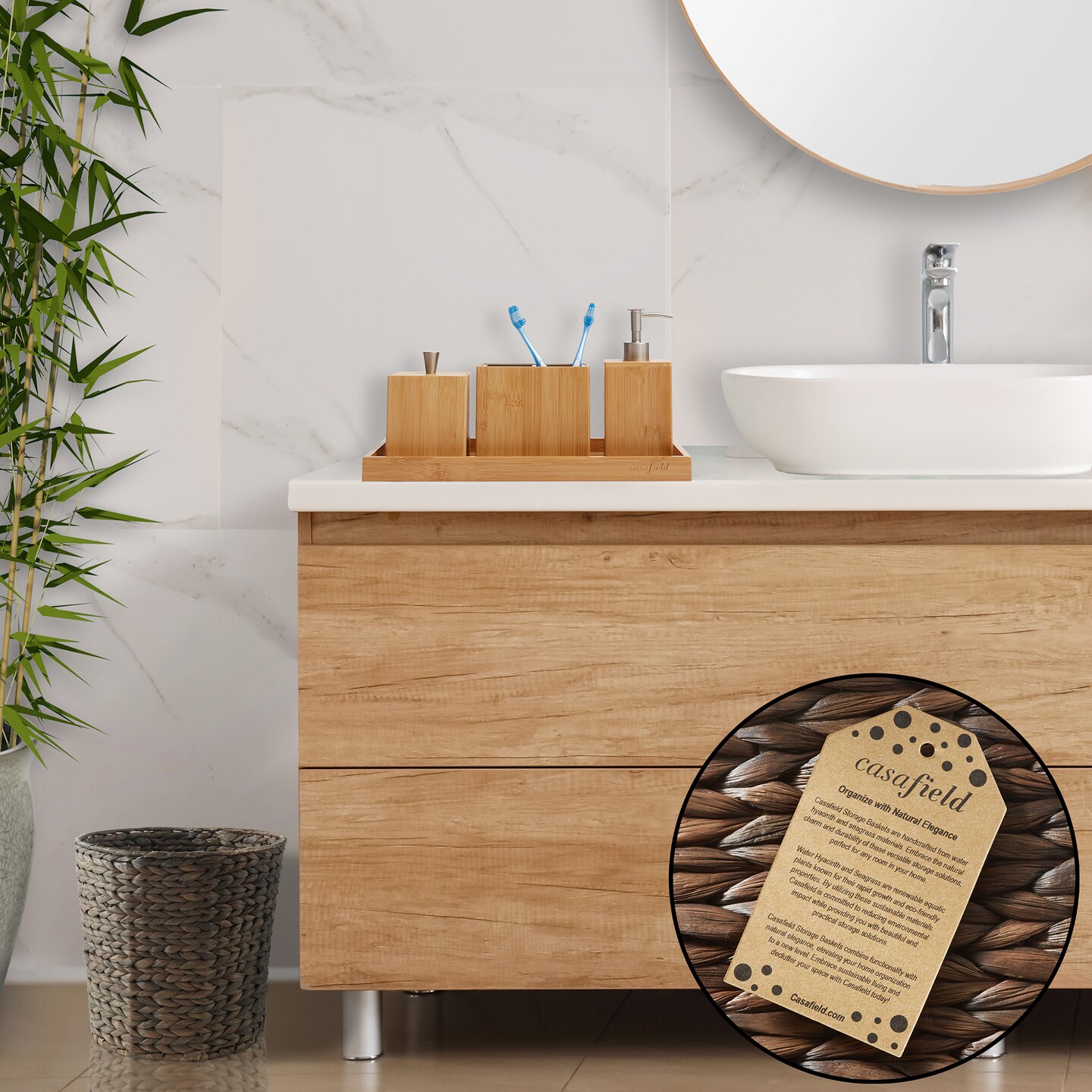 Casafield Water Hyacinth Waste Basket, Woven Trash Can for Bathroom, Bedroom, Laundry Room, Home Office