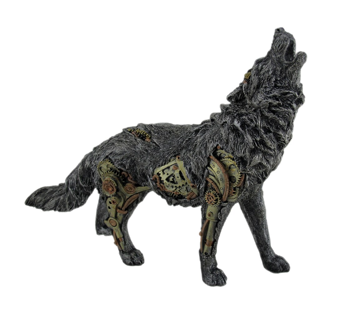 Cool Steampunk Style Howling Gray Wolf Statue