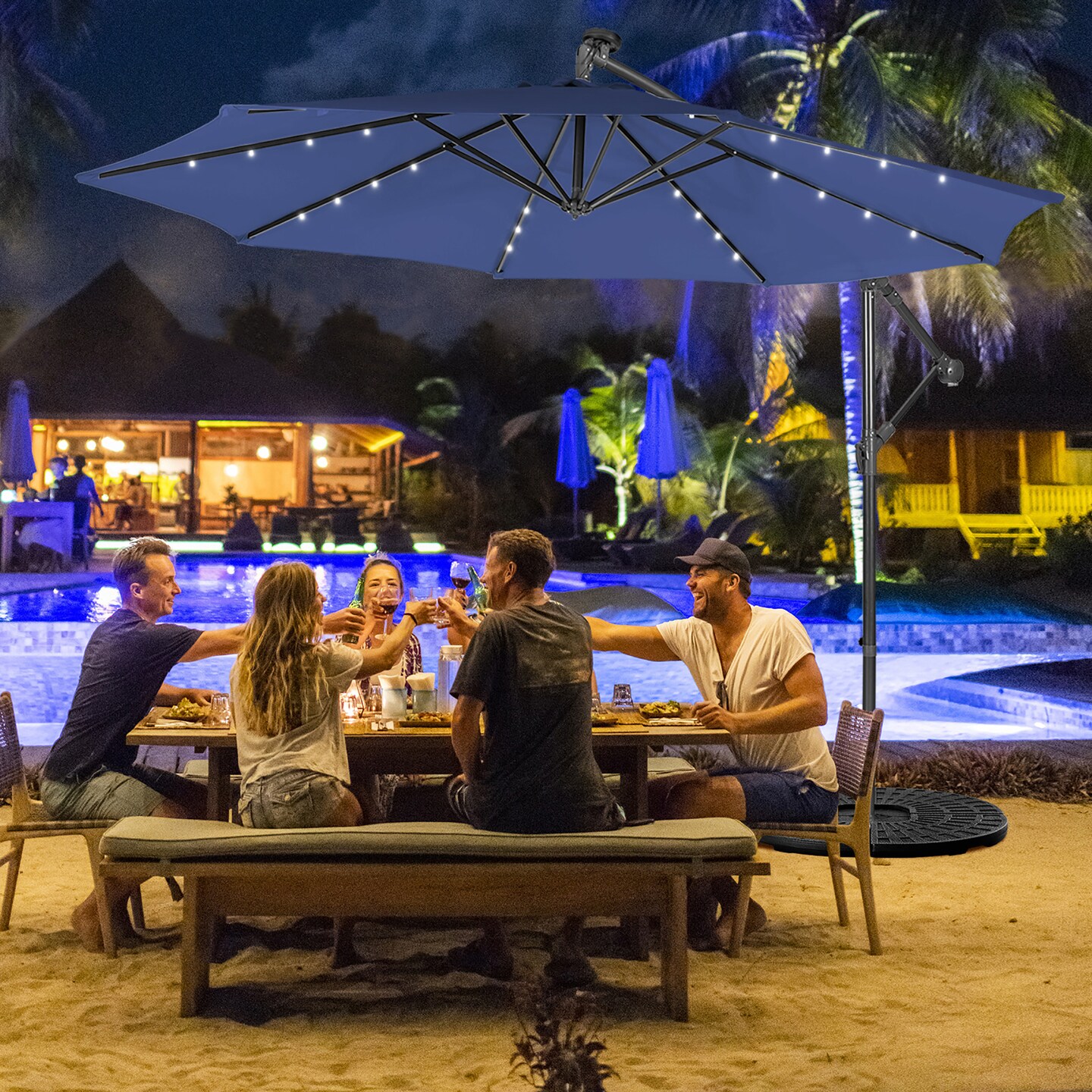 lighted offset patio umbrellas HOMSHADE 10FT Solar LED Cantilever Umbrella with Base Included, Red duty frame includes a durable steel pole to withstand many seasons 10 Feet Solar Offset Hanging