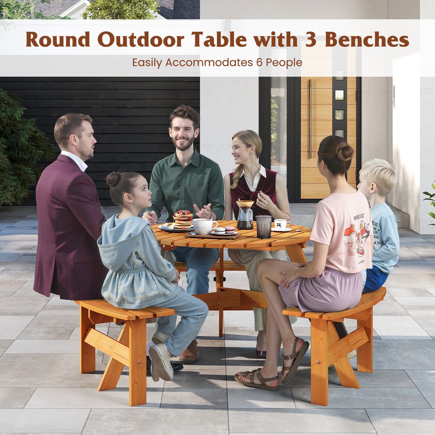 Costway 6-Person Round Picnic Table Set with 3 Built-in Benches 2" Umbrella Hole, Brown/Yellow