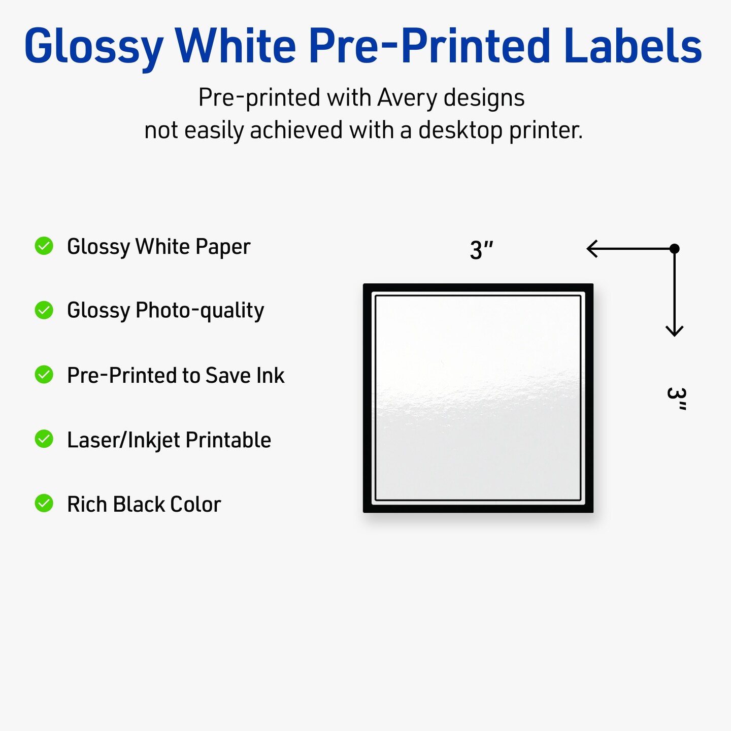 Avery Printable Square Labels, Double Black Border, 3&#x22; x 3&#x22;, Glossy White Square Labels, Permanent, Laser/Inkjet, 60ct, Great for Product Labels