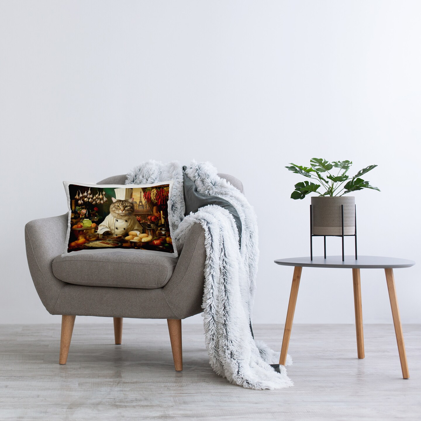 Chef Cat in Kitchen Design by Michael David Ward Throw Pillow 
