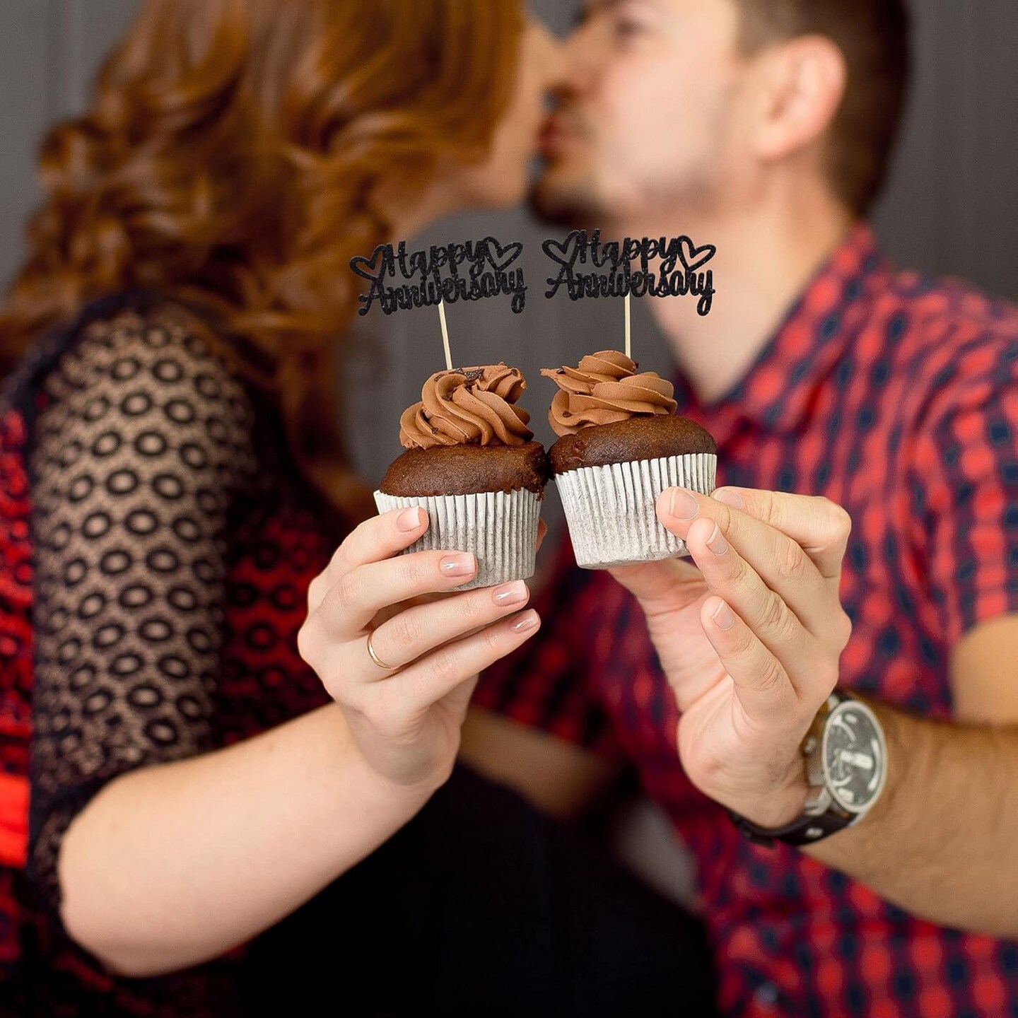 24 Pack Happy Anniversary Cupcake Toppers Black Glitter 2.6"W x 4.5"H